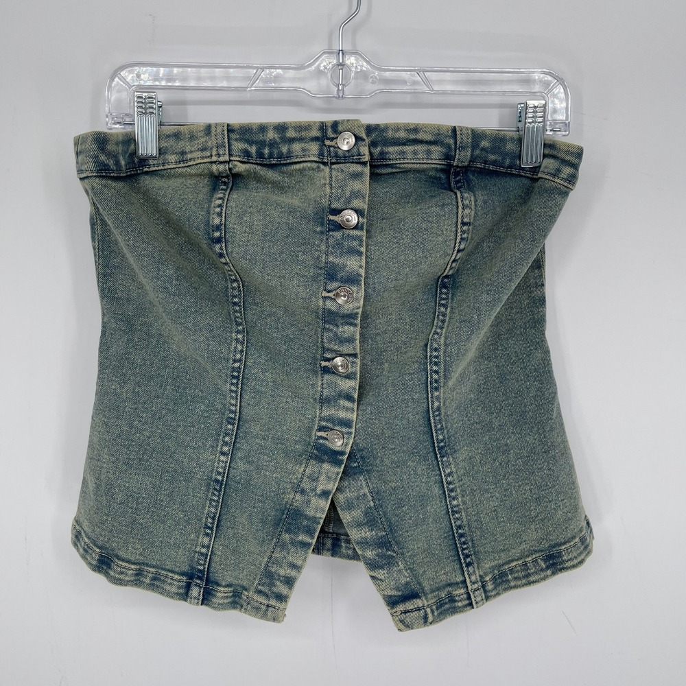 Divided H&M Women's Y2K Style Blue Acid Wash Button Front Denim Tube Top Size M